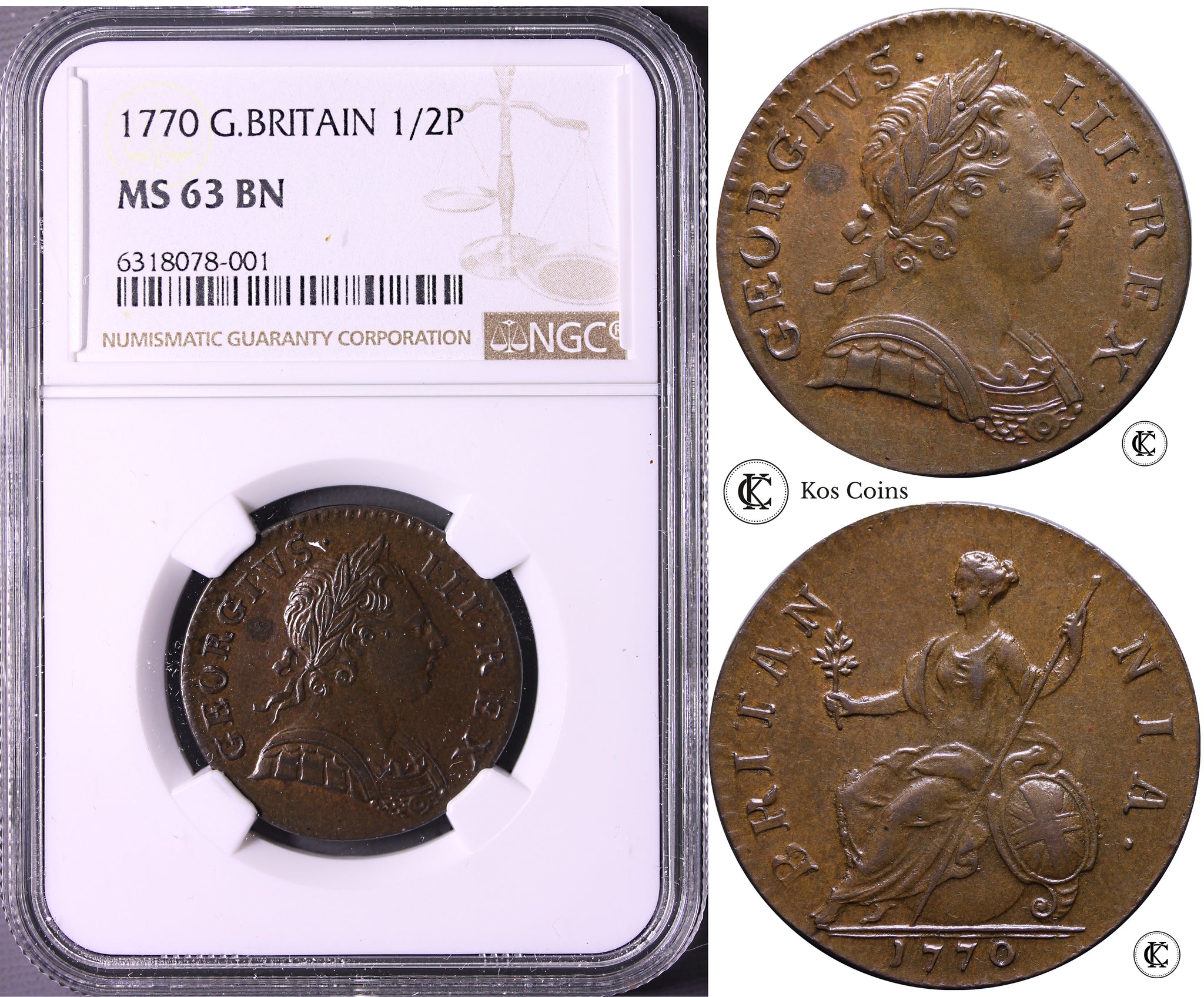 1770 George III Half Penny MS 63 BN – Kos Coins