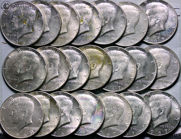 1965 1969 Kennedy half dollar 40%silver coins (21 coins in this lot)