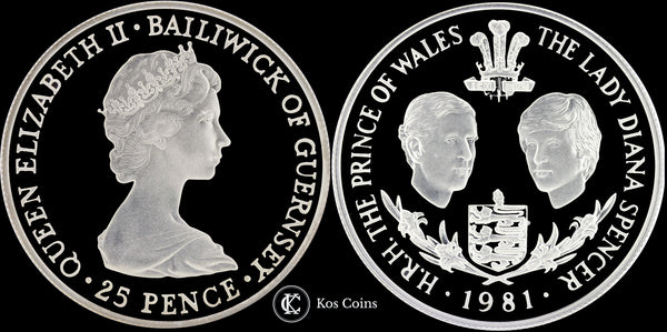 1981 Elizabeth II 25 Pence Royal Wedding Guernsey Silver Proof Issue