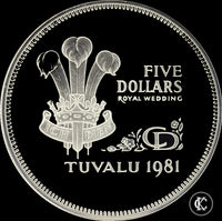 1981 Elizabeth II Five Dollars Royal Wedding Tuvalu Silver Proof Issue