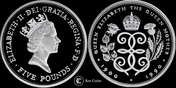 1990 Elizabeth II Queen Mother silver proof £5 pound