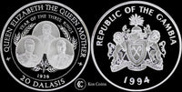 1994 Elizabeth the Queen Mother Year of the three Kings Silver Proof 20 Dalasis