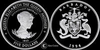 1994 Elizabeth II Queen Mother Lady of the Century Engagement Silver Proof 5 Dollars
